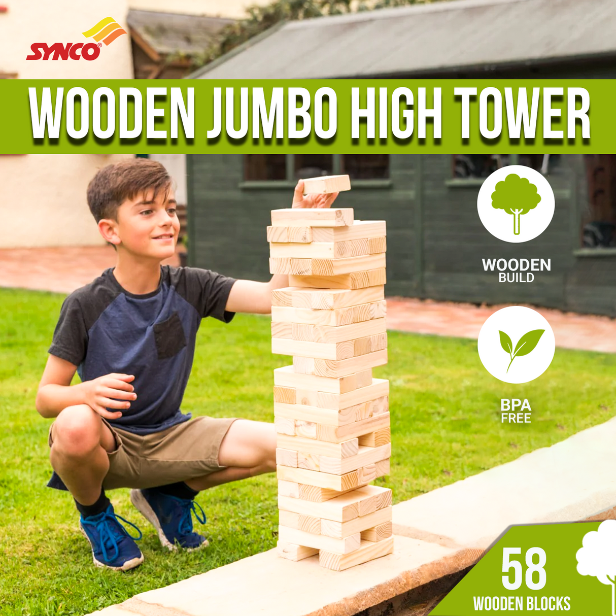 Synco Wooden Jumbo High Tower - Giant Tumbling Tower Game with Natural Pine Wood | Outdoor Garden/Indoor Game