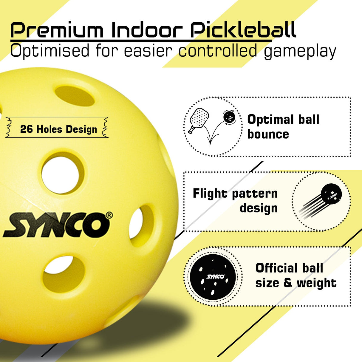 Synco Pickleball Ball S26 | High Performance Indoor Pickleball | Set of 12