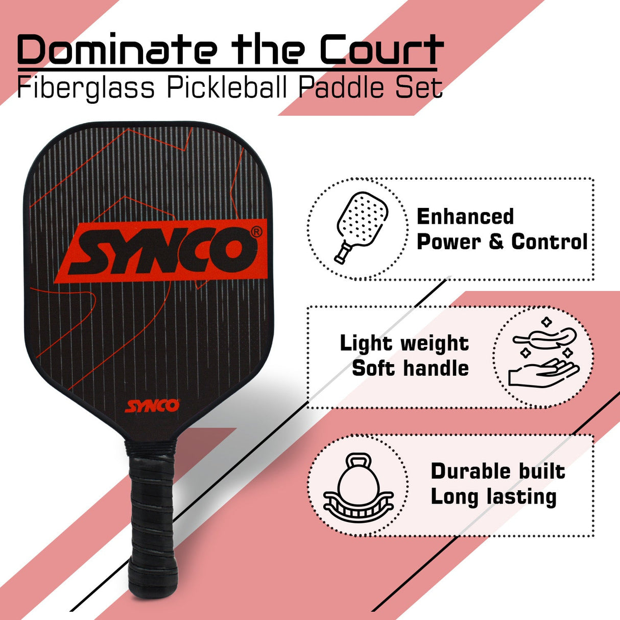 Synco Pickleball Paddle Set Carbonium Red | 1 Pickleball Rackets and 2 Pickleballs with Carry Bag | Fiberglass Lightweight Racket with Cushion Comfort Grip