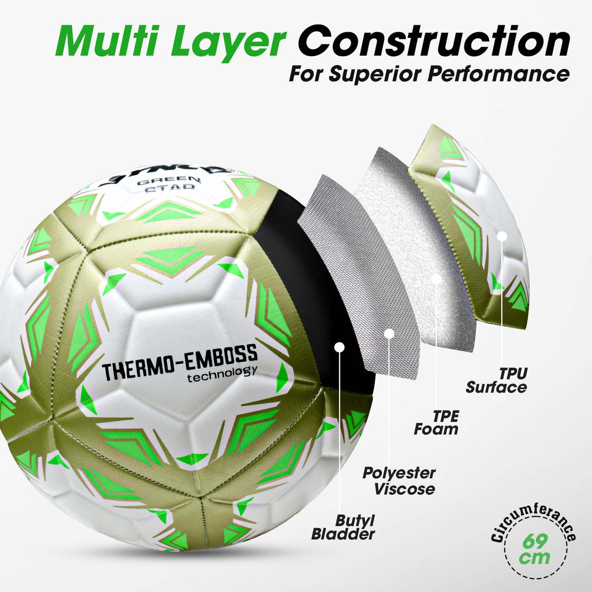 Synco Green Star Embossed Football | Professional Match Ball | TPU Machine Stitched | Size-5