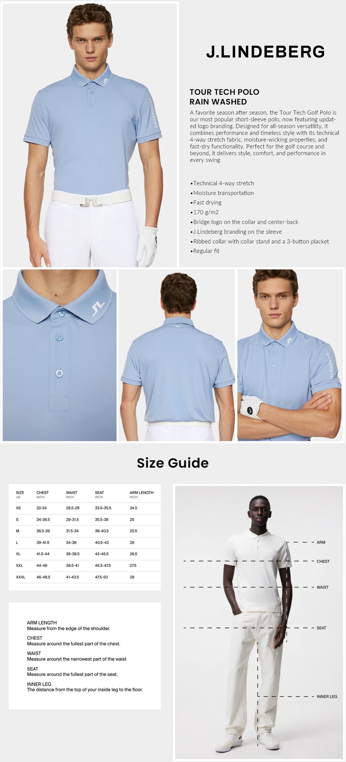 J Lindeberg Men’s Tour Tec Golf Polo - Rain Washed