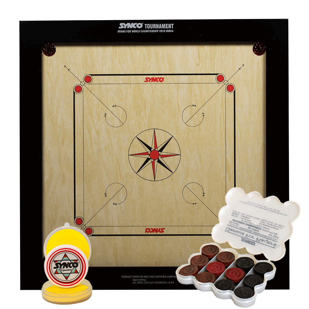 Synco Tournament Carrom Board 20mm ( Includes Synco Genius for Players Coin Set and Signature Striker ) | KIBI Sports SYNCO