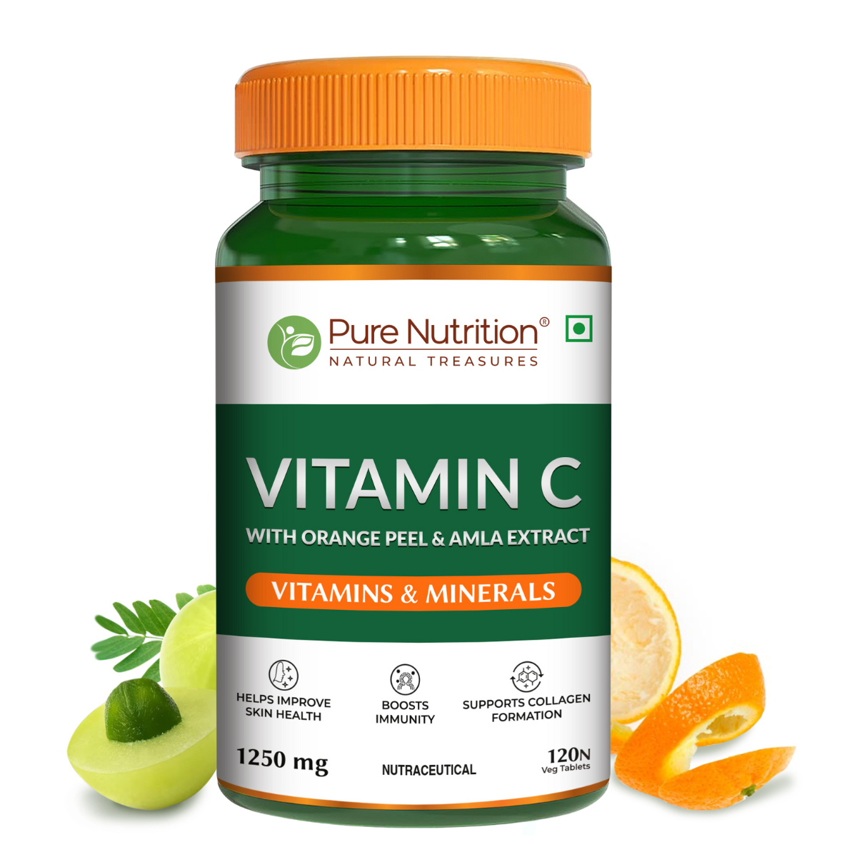 Vitamin C 1250 mg with Orange Peel & Amla Extract | 120 Veg Tablets - Nutrition by Pure Nutrition