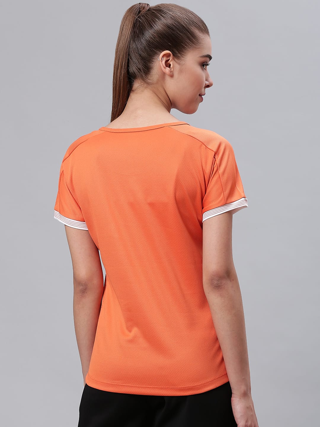 Alcis Women Orange Slim Fit Printed Round Neck Tennis T-shirt
