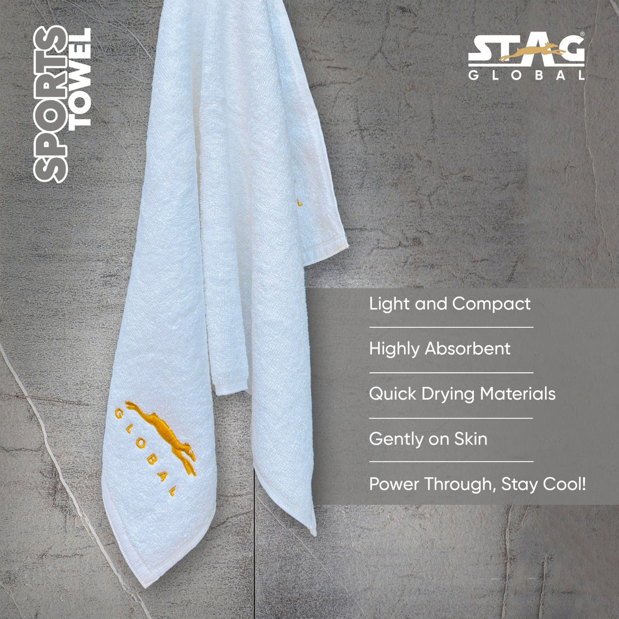 STAG GLOBAL Sports Towel – 100% Cotton | Quick Dry | Lightweight & Compact | White