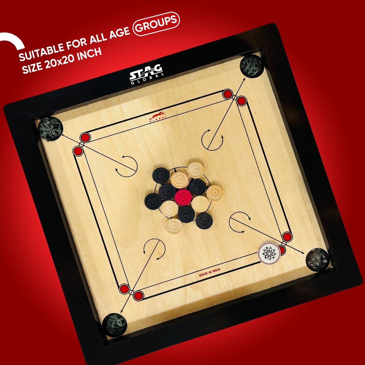 STAG GLOBAL Midi Carrom Board Set | 20x20 Inch with Coins | Striker & Powder | Smooth Finish