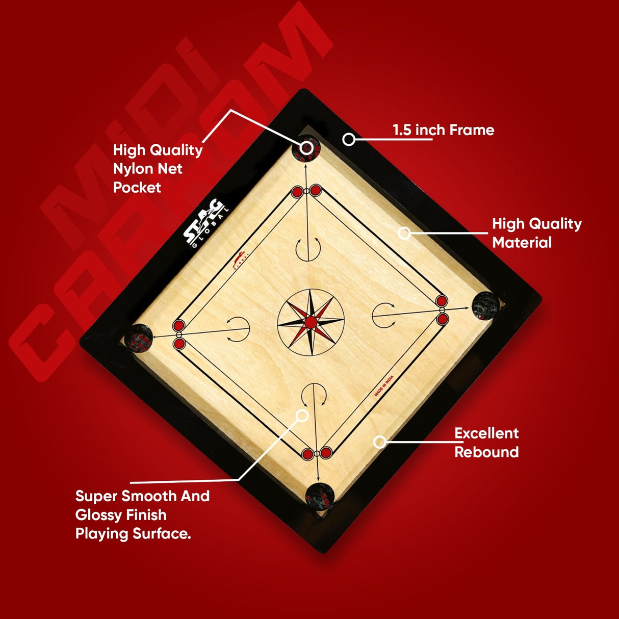 STAG GLOBAL Midi Carrom Board Set 20x20 Inch with Coins, Striker & Powder – Smooth Finish