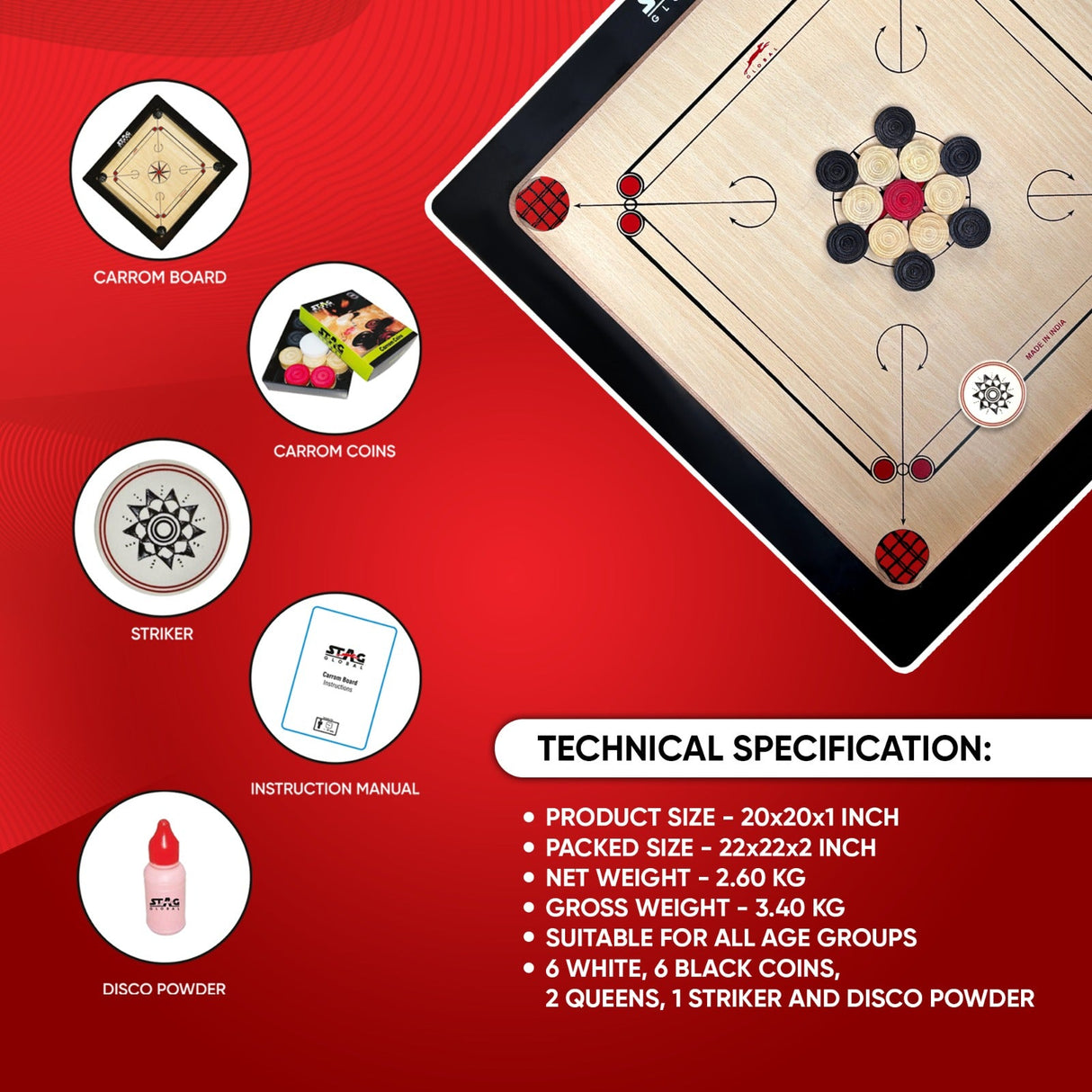 STAG GLOBAL Midi Carrom Board Set | 20x20 Inch with Coins | Striker & Powder | Smooth Finish