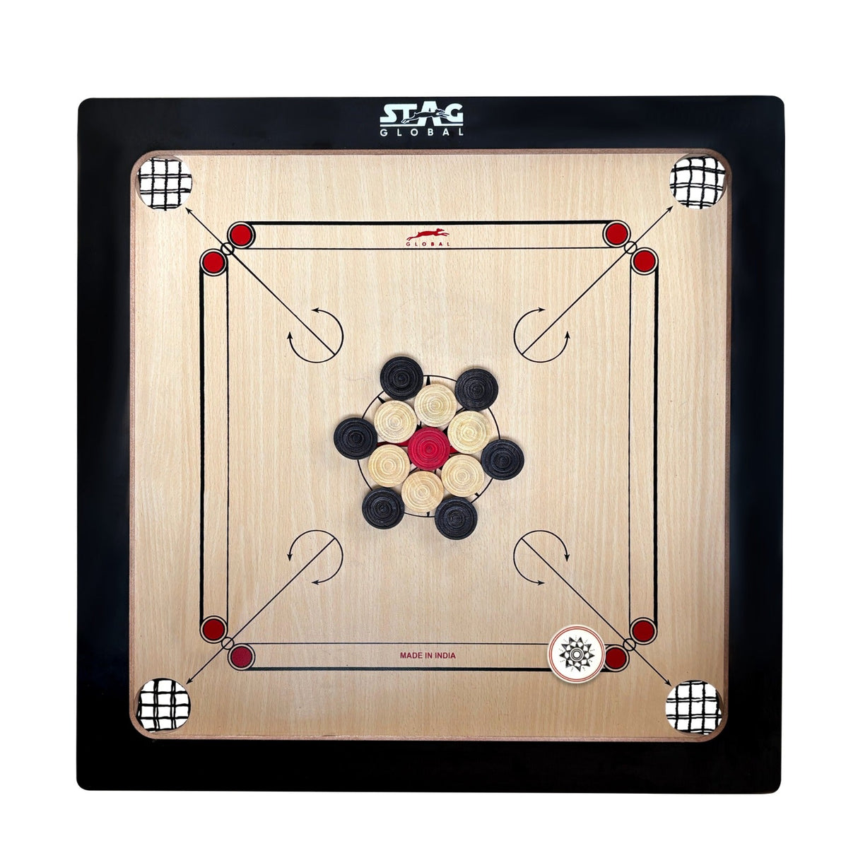 STAG GLOBAL Midi Carrom Board Set 20x20 Inch with Coins, Striker & Powder – Smooth Finish