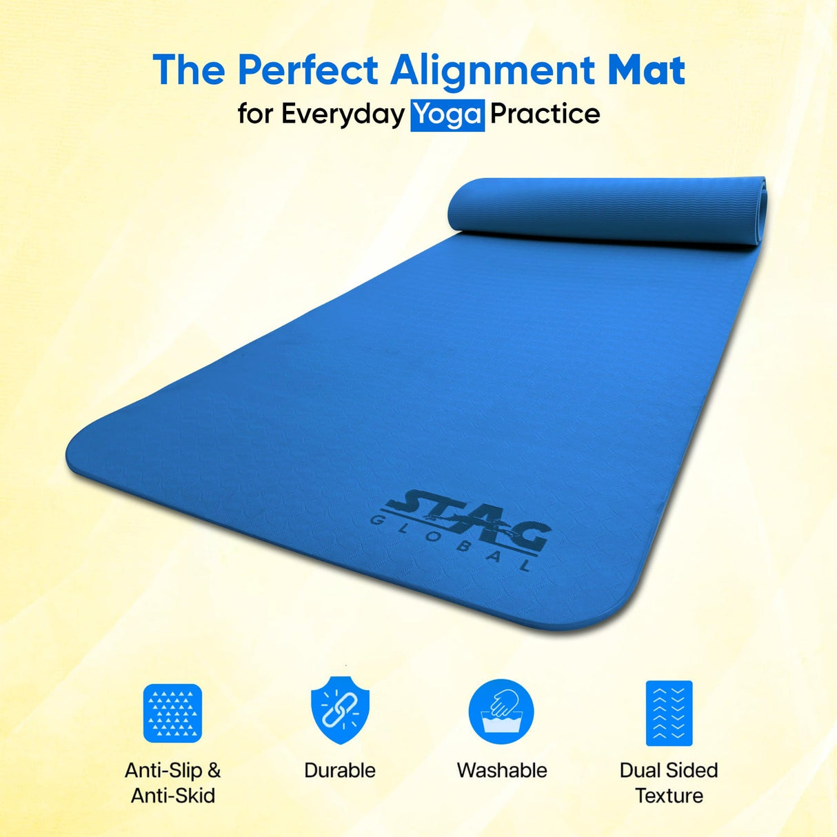 STAG GLOBAL Yoga Mantra Plain Blue Mat With Bag, 4MM Thickness