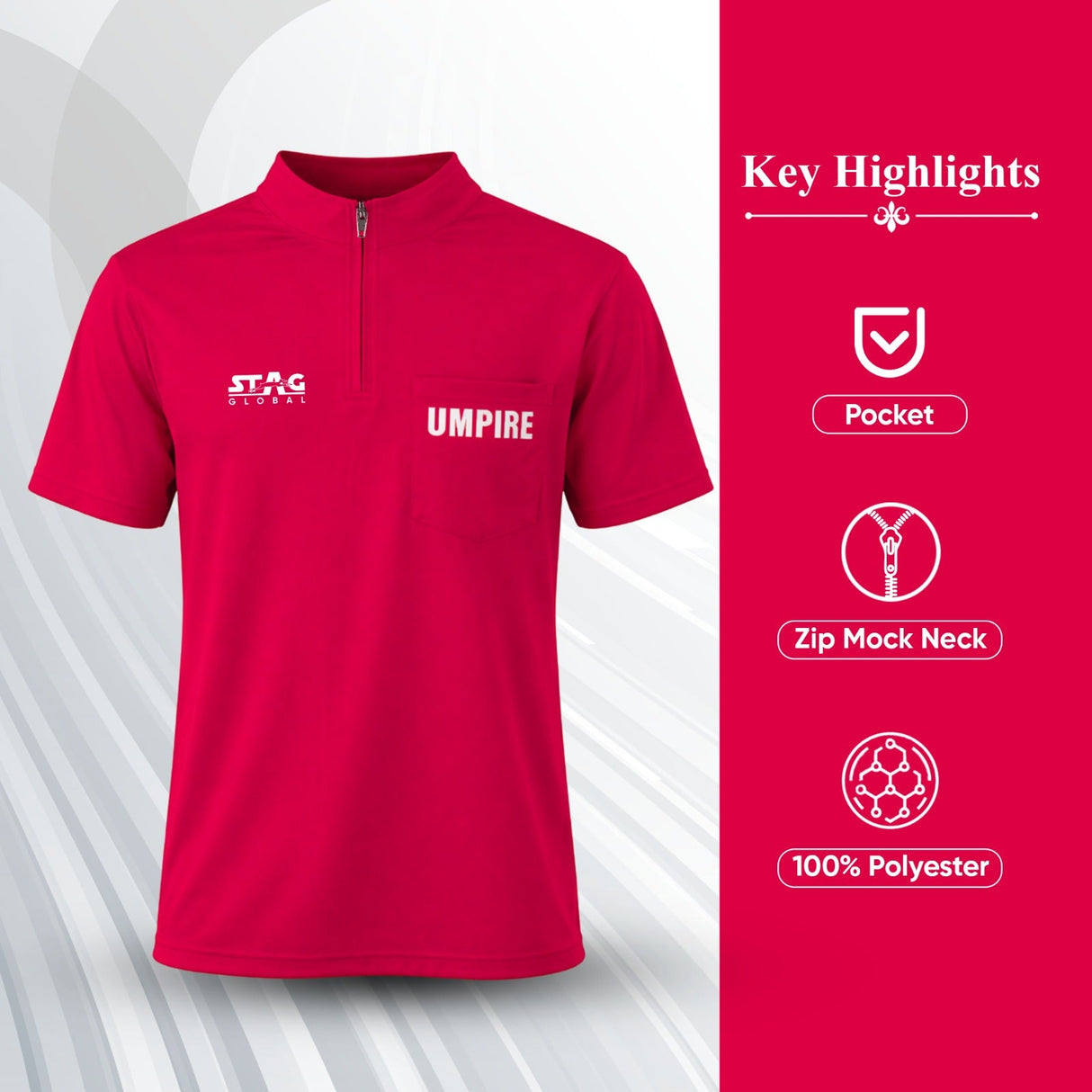 STAG GLOBAL Umpire T-Shirt | Zip Mock Neck | 100% Polyester | Breathable Polyester