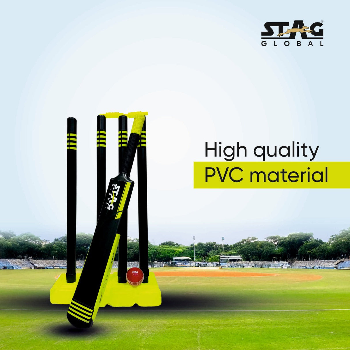 STAG Global Cricket Set | Medium Size | Complete Portable Kit with Bat, Stumps & Ball | Ideal for Kids & Beginners