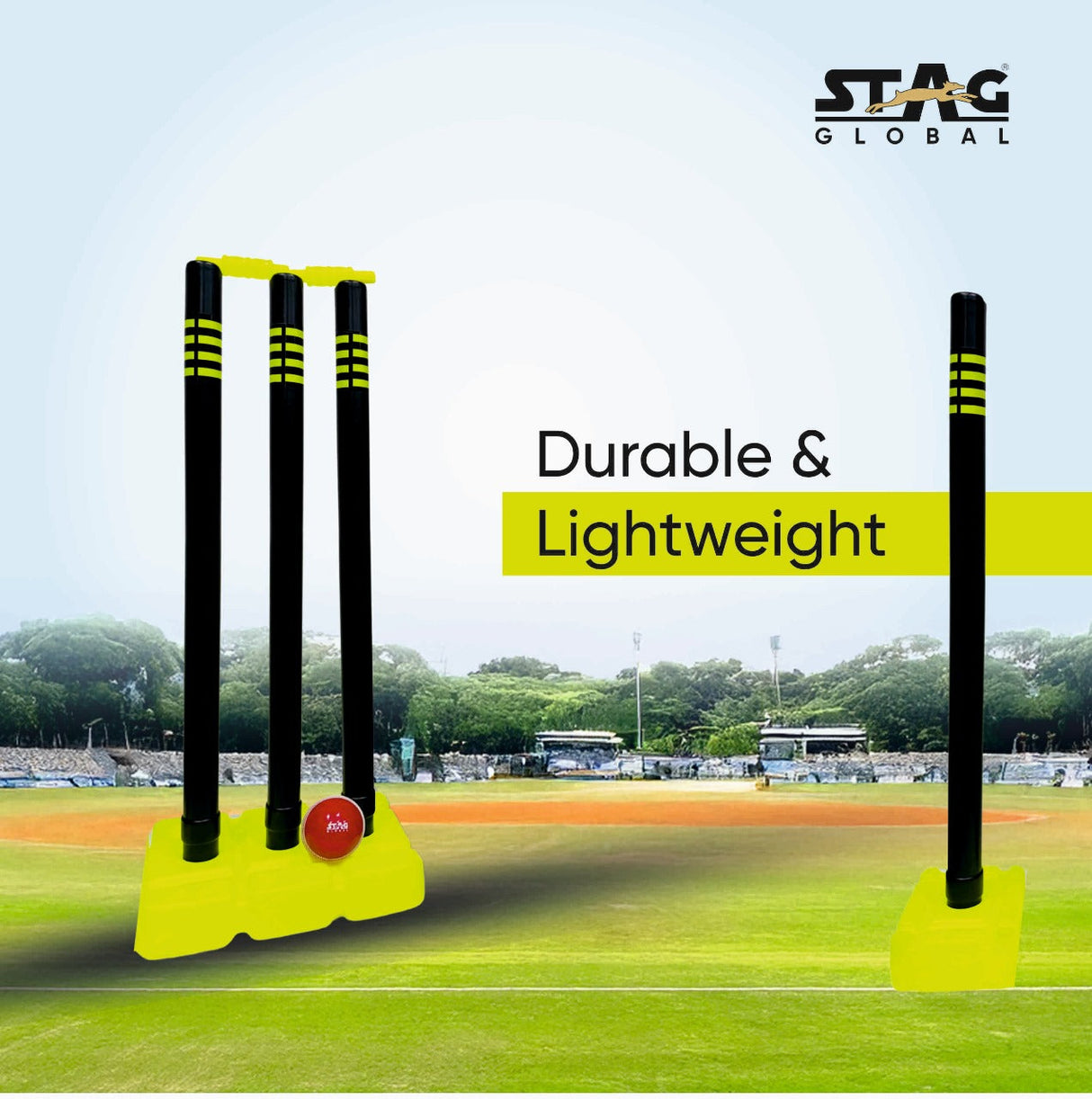 STAG Global Cricket Set | Medium Size | Complete Portable Kit with Bat, Stumps & Ball | Ideal for Kids & Beginners