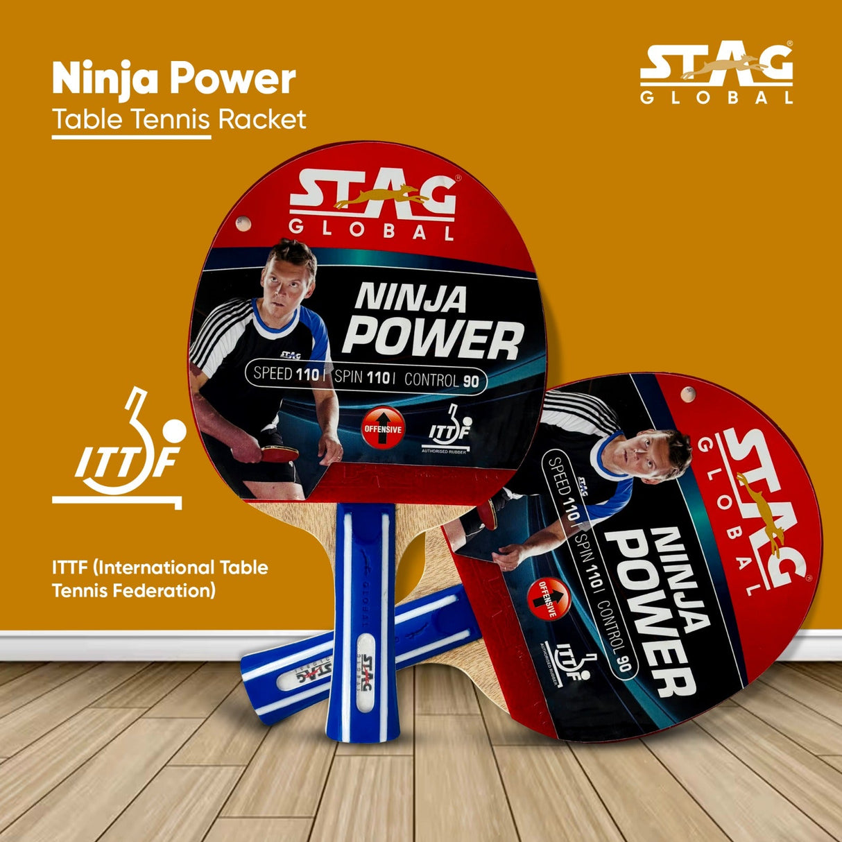 STAG GLOBAL Ninja Power Rubber Table Tennis Racket | Multicolour,200 Grams | ITTF Approved