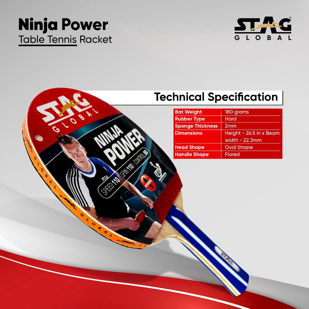 STAG GLOBAL Ninja Power Rubber Table Tennis Racket | Multicolour,200 Grams | ITTF Approved