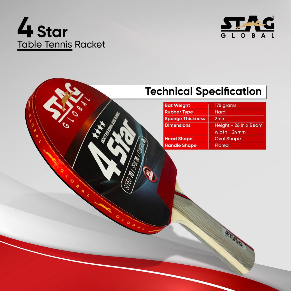 STAG GLOBAL 4 Star Table Tennis Racket | Speed 70 | Spin 70 | Control 95 | ITTF Approved Rubber