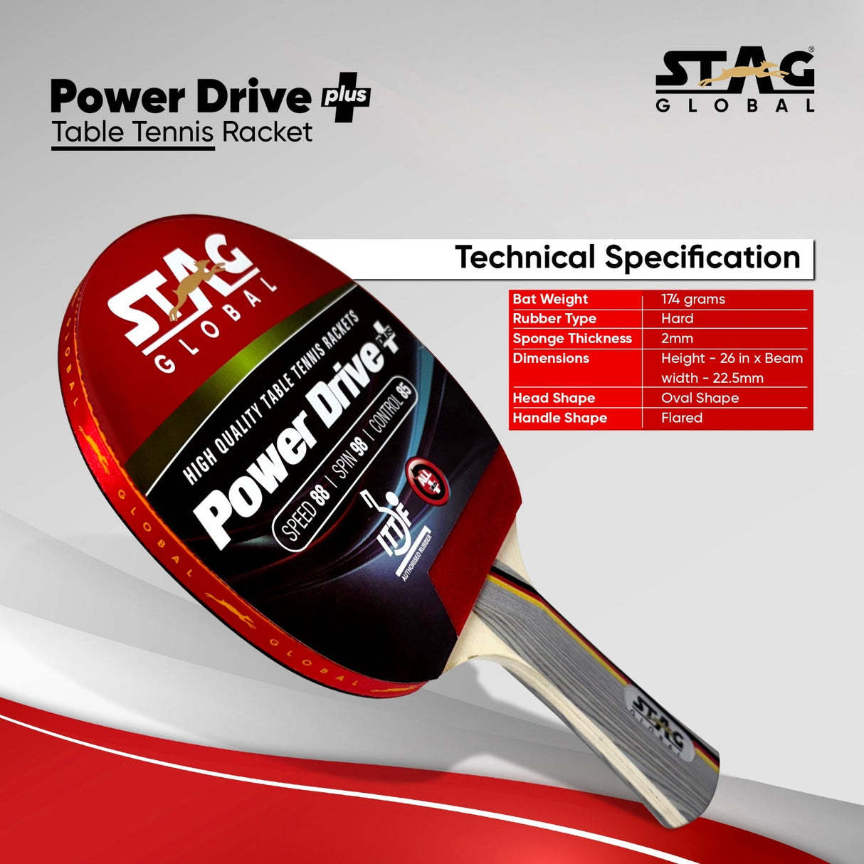 STAG GLOBAL Power Drive+ Table Tennis Racket | ITTF Approved | High Spin | Speed & Control Paddle