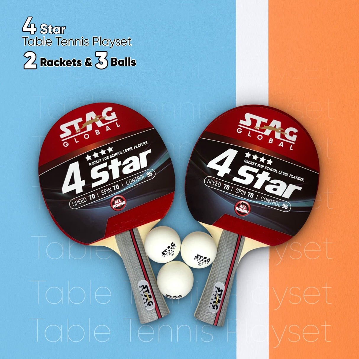 STAG GLOBAL 4 star Table Tennis Playset | 2 Racket with 3 Balls | ITTF Approved | Complete Beginner Set