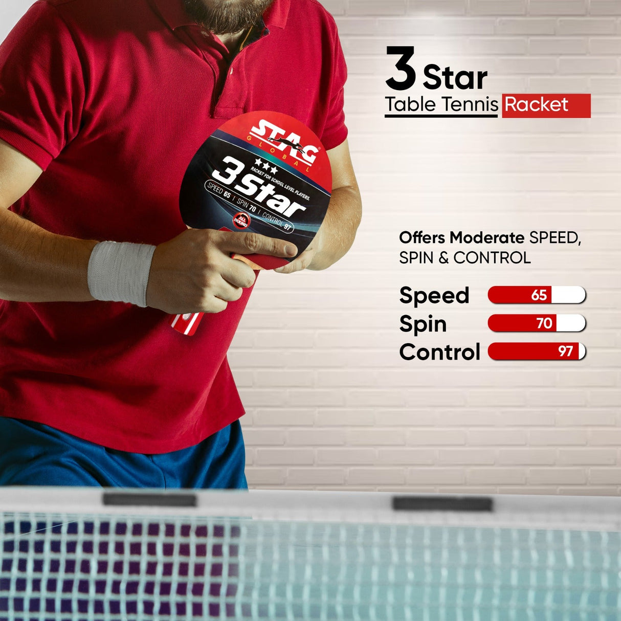 STAG GLOBAL 3 Star Table Tennis Racket | ITTF Approved Rubber| Beginner-Intermediate Series T.T Racket