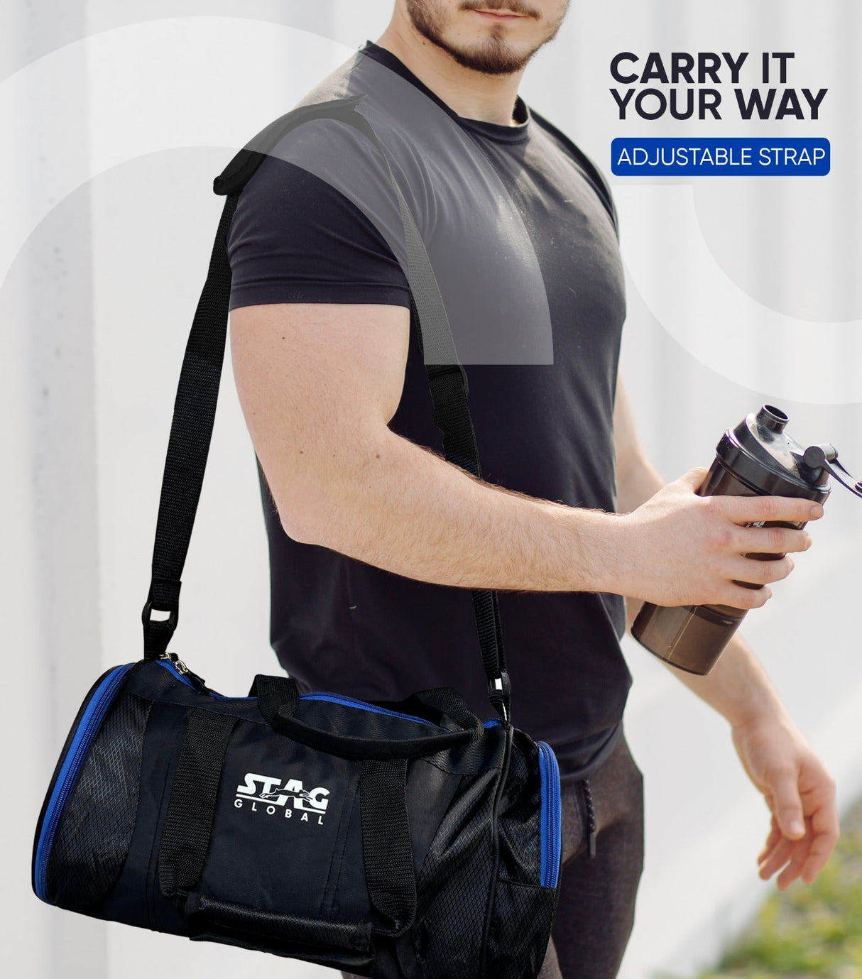 STAG GLOBAL Duffle Bag, Durable Travel Companion, Comfortable shoulder strap, Black & Blue