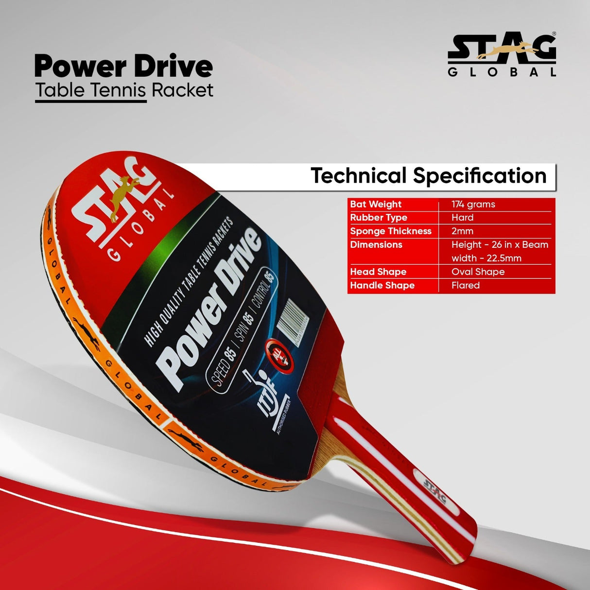 STAG GLOBAL Power Drive Table Tennis Racket – Perfect for Intermediate Players