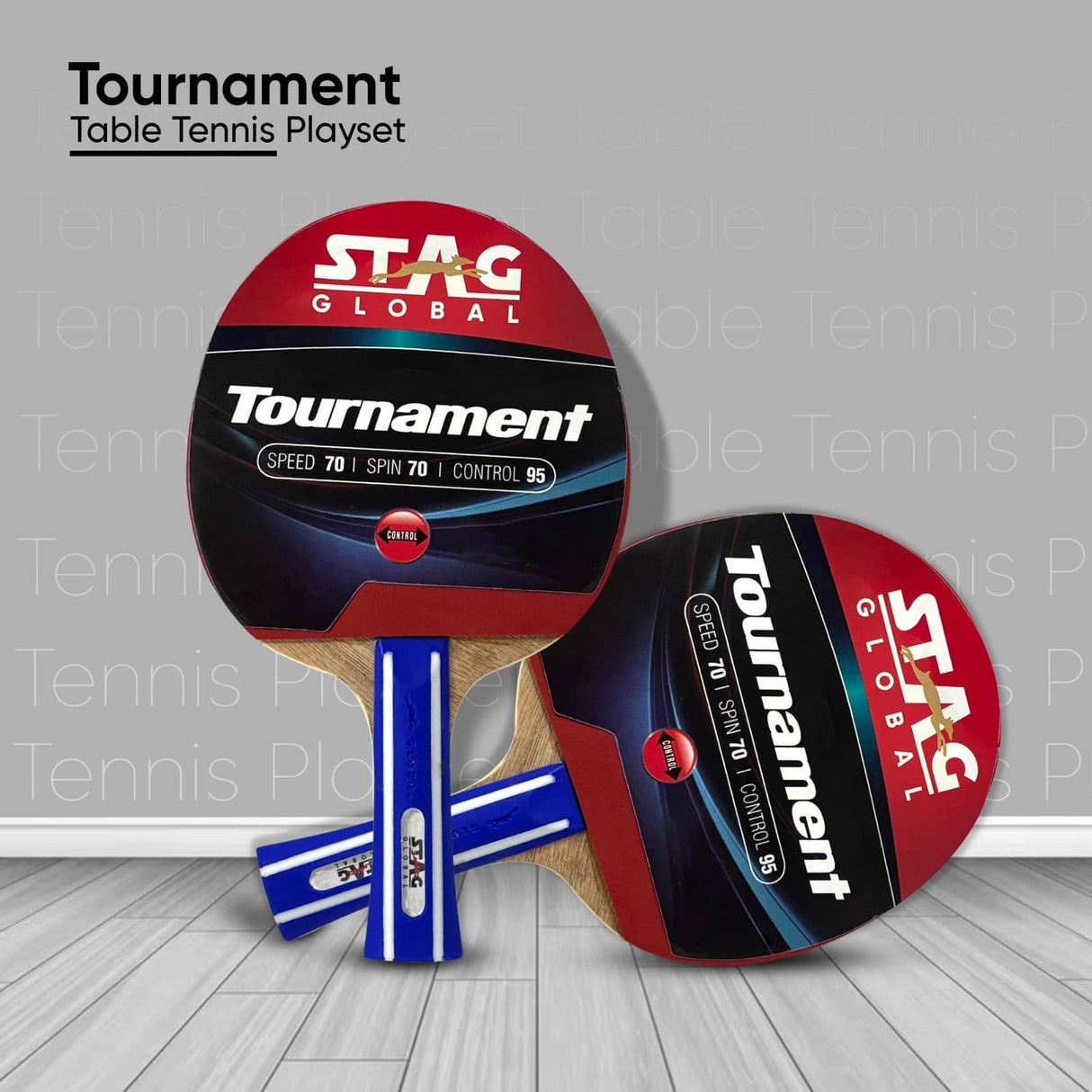 STAG GLOBAL Tournament Table Tennis Playset With 2 Rackets | 3 Seam Balls | Speed 70 | Spin 70 | Control 95