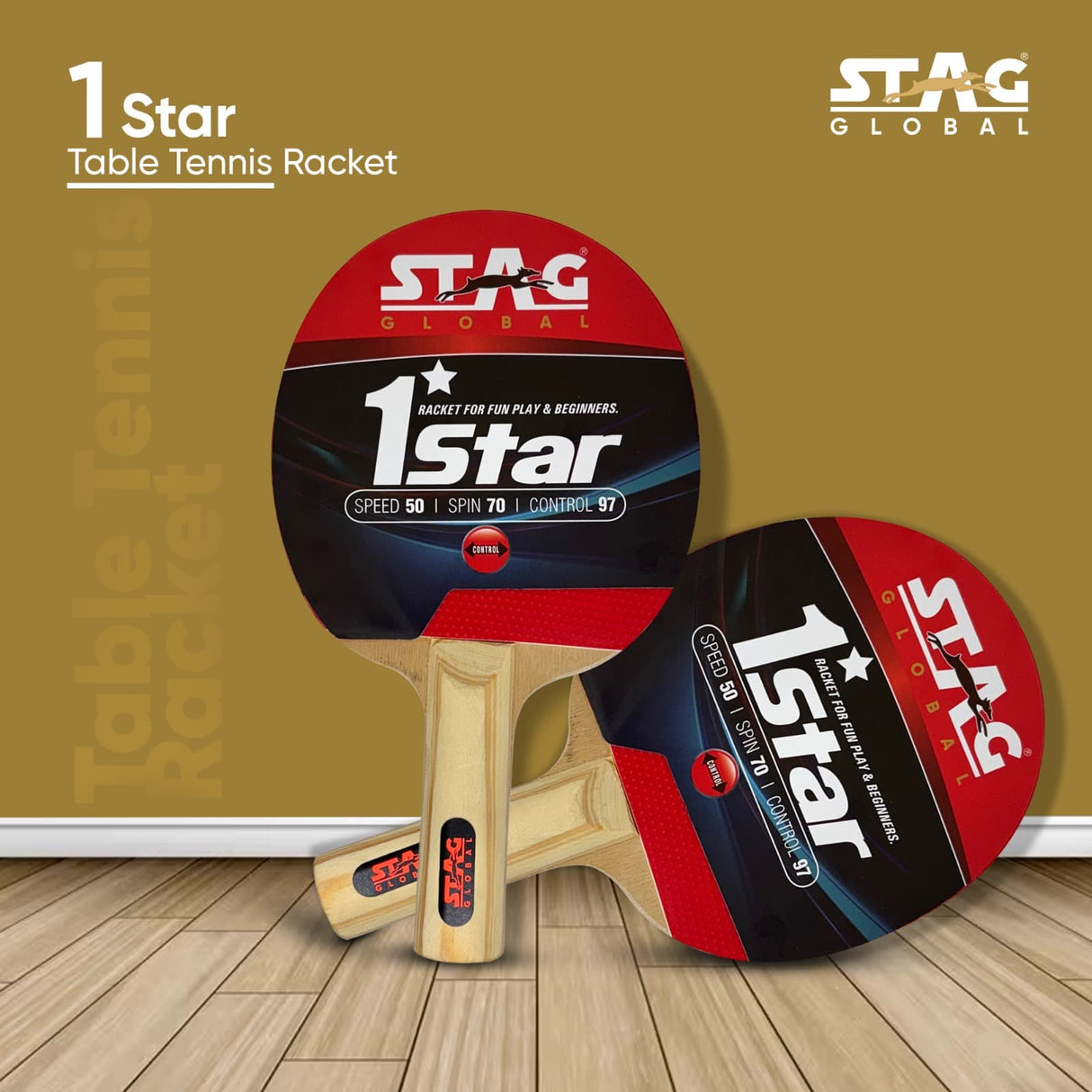 STAG GLOBAL 1 Star Table Tennis Racket | Speed 50 | Spin 70 | Control 97 | Wooden Handle|