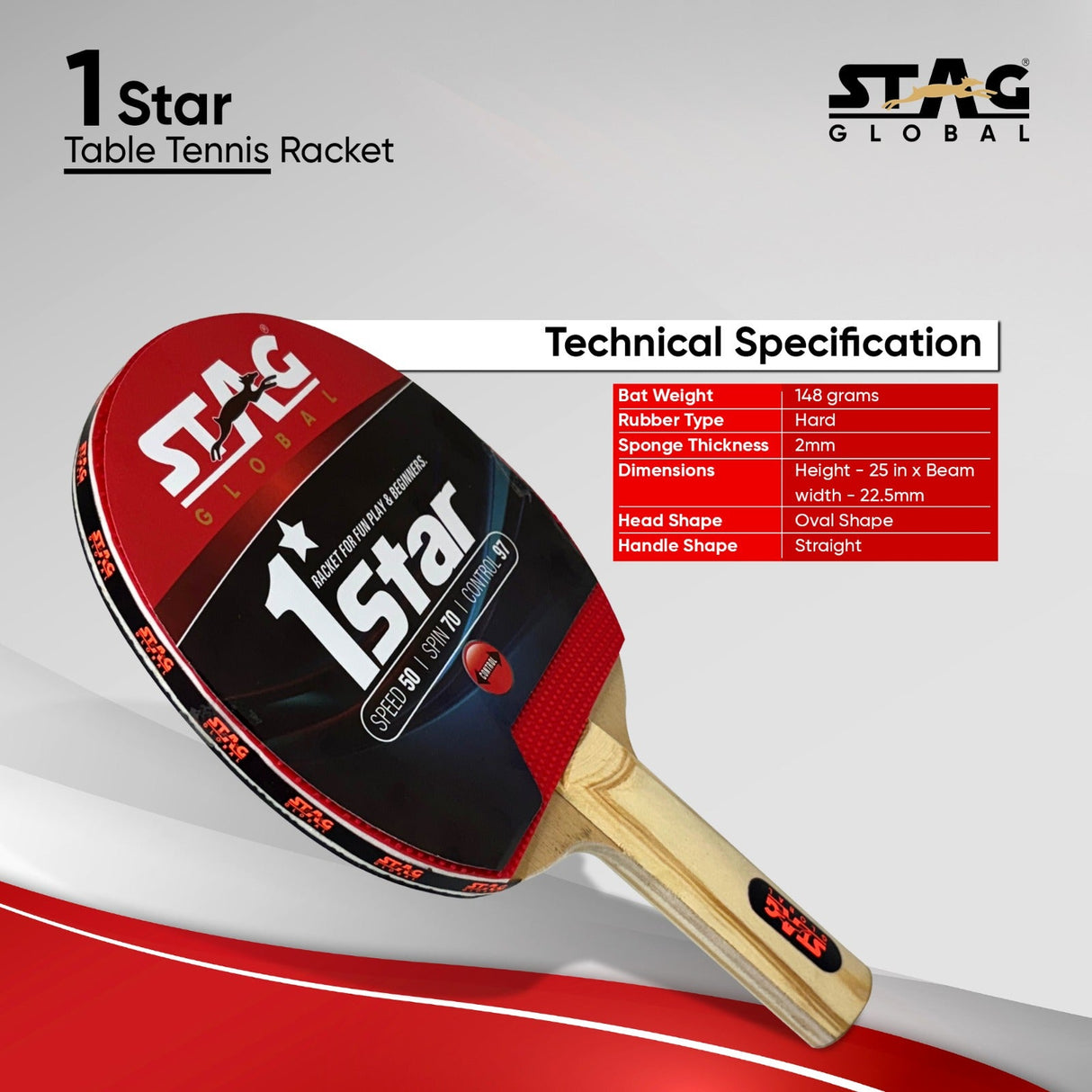 STAG GLOBAL 1 Star Table Tennis Racket | Speed 50 | Spin 70 | Control 97 | Wooden Handle|