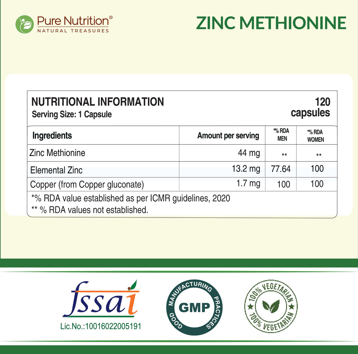 Zinc Methionine Veg Capsules 120 Count | High Absorption | Immunity & Skin