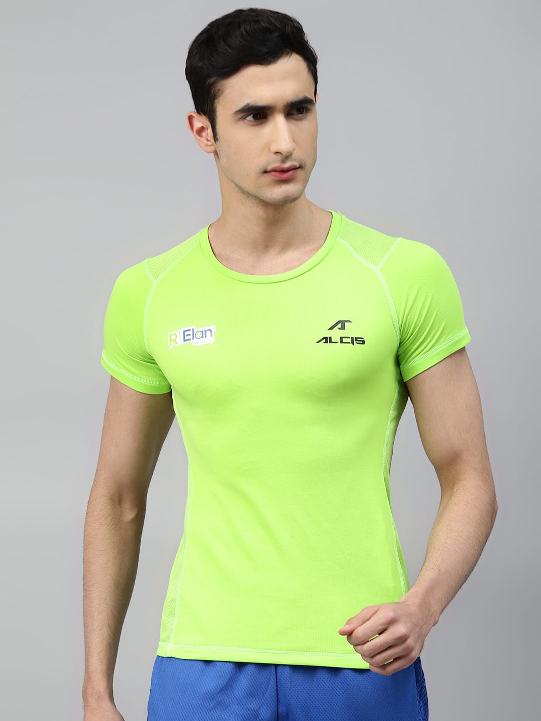 Alcis Men Fluorescent Green Solid Round Neck T-shirt with Back Printed Detail
