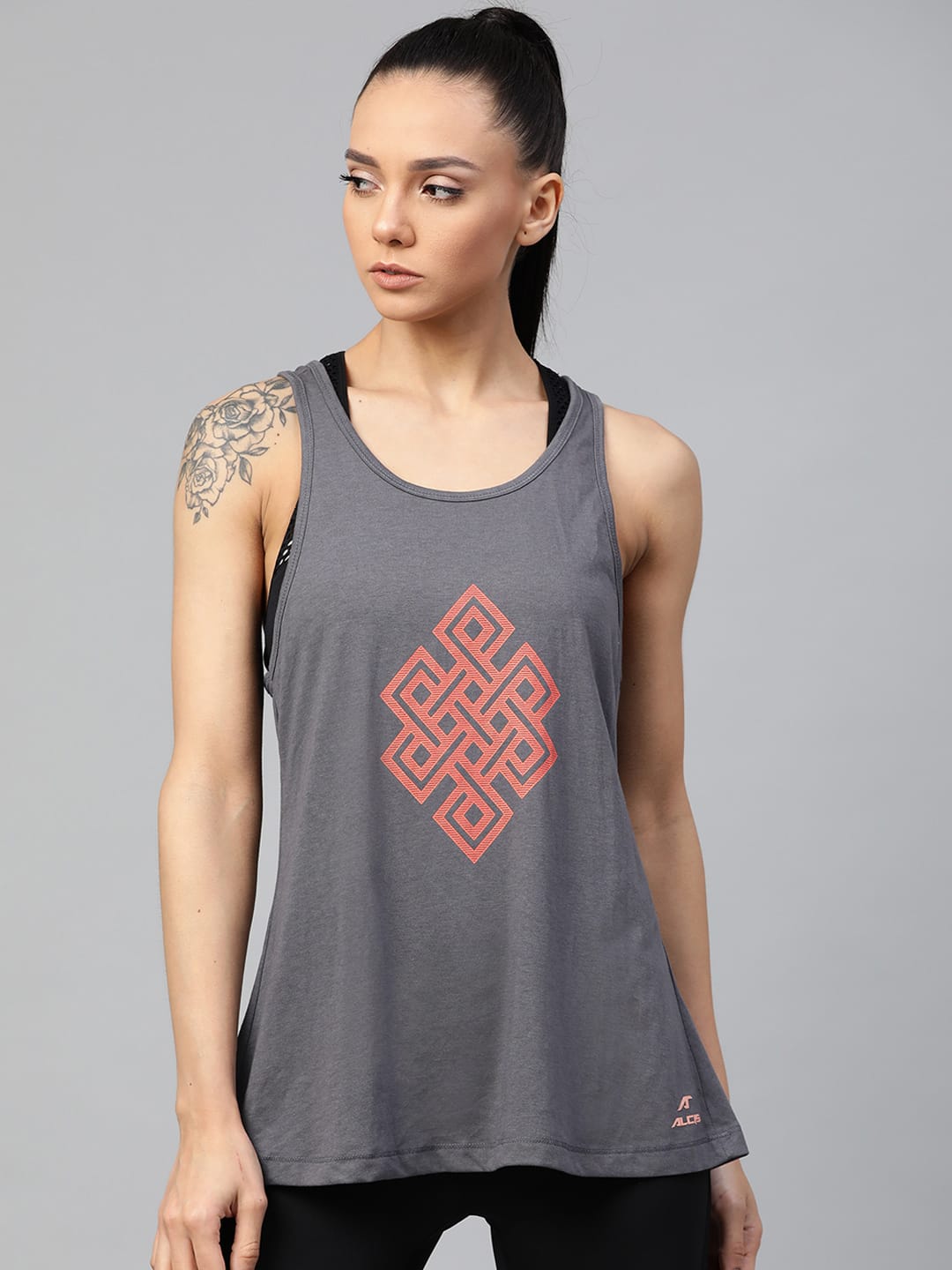 Alcis Women Charcoal Grey & Coral Orange Printed Styled Back Top