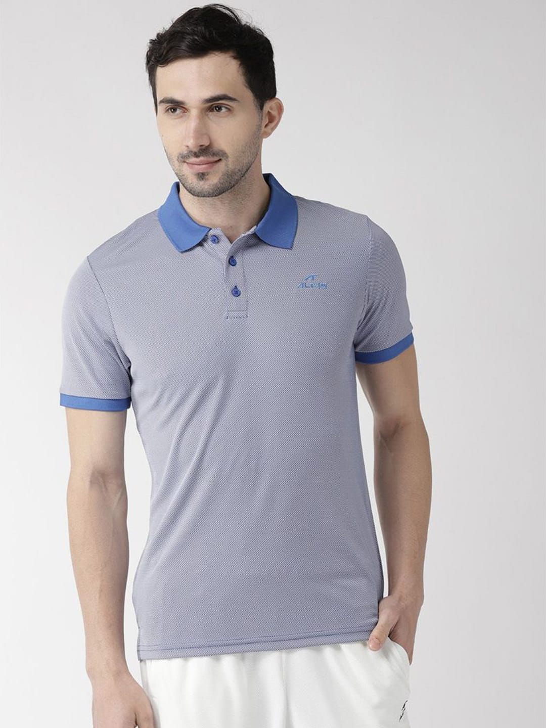 Alcis Men Blue Self Design Polo Collar T-shirt
