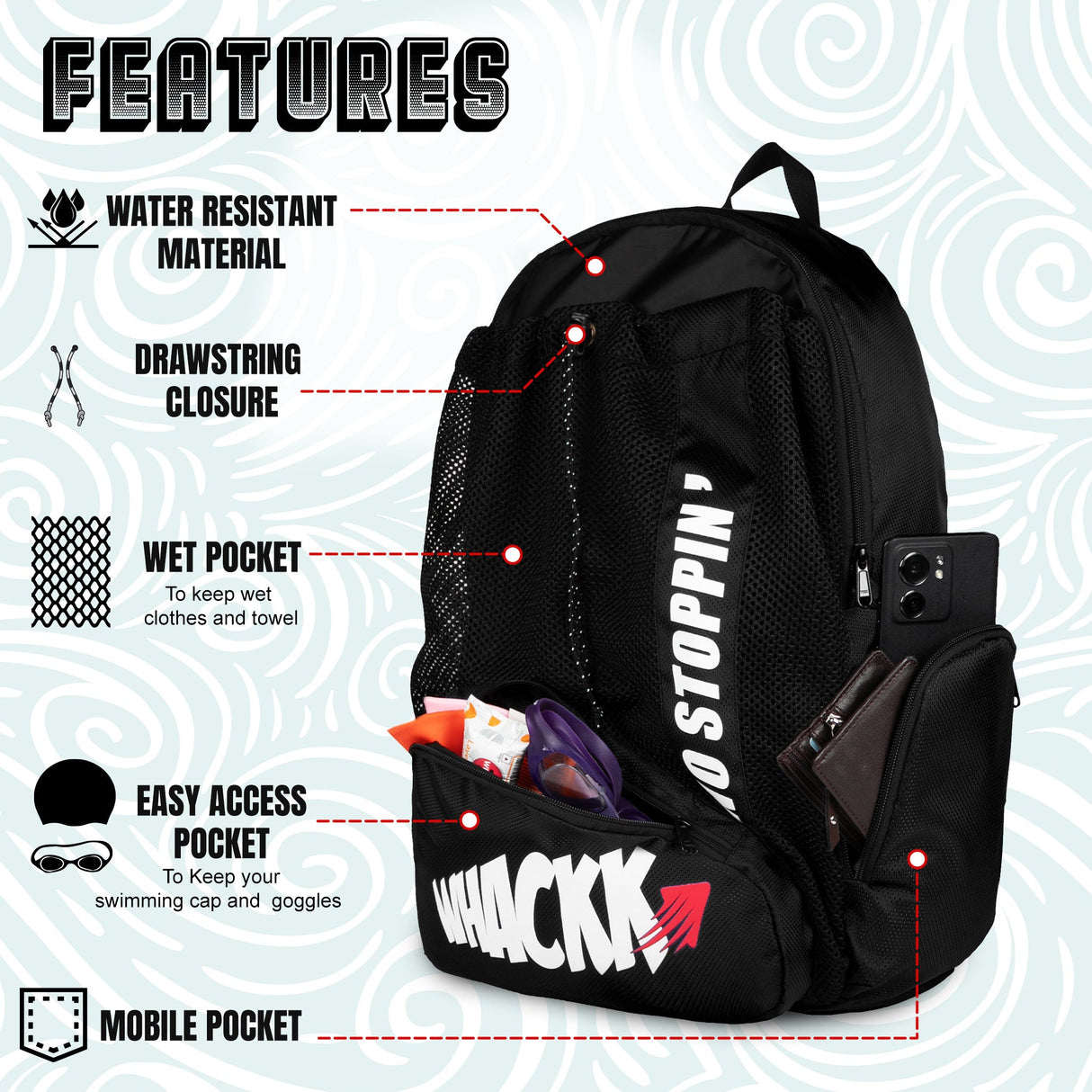 Dolphin Black 26L Unisex Swimming Gym Equipment Backpack |Diving Surfing Sports Bag|Separate Wet Dry Compart|Pocket for Cap & Goggles|Lightweight|Water Resistant|for Men Women