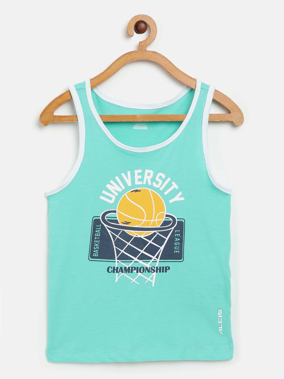 Alcis Boys Sea Green Navy Basketball Print Round Neck Outdoor T-shirt