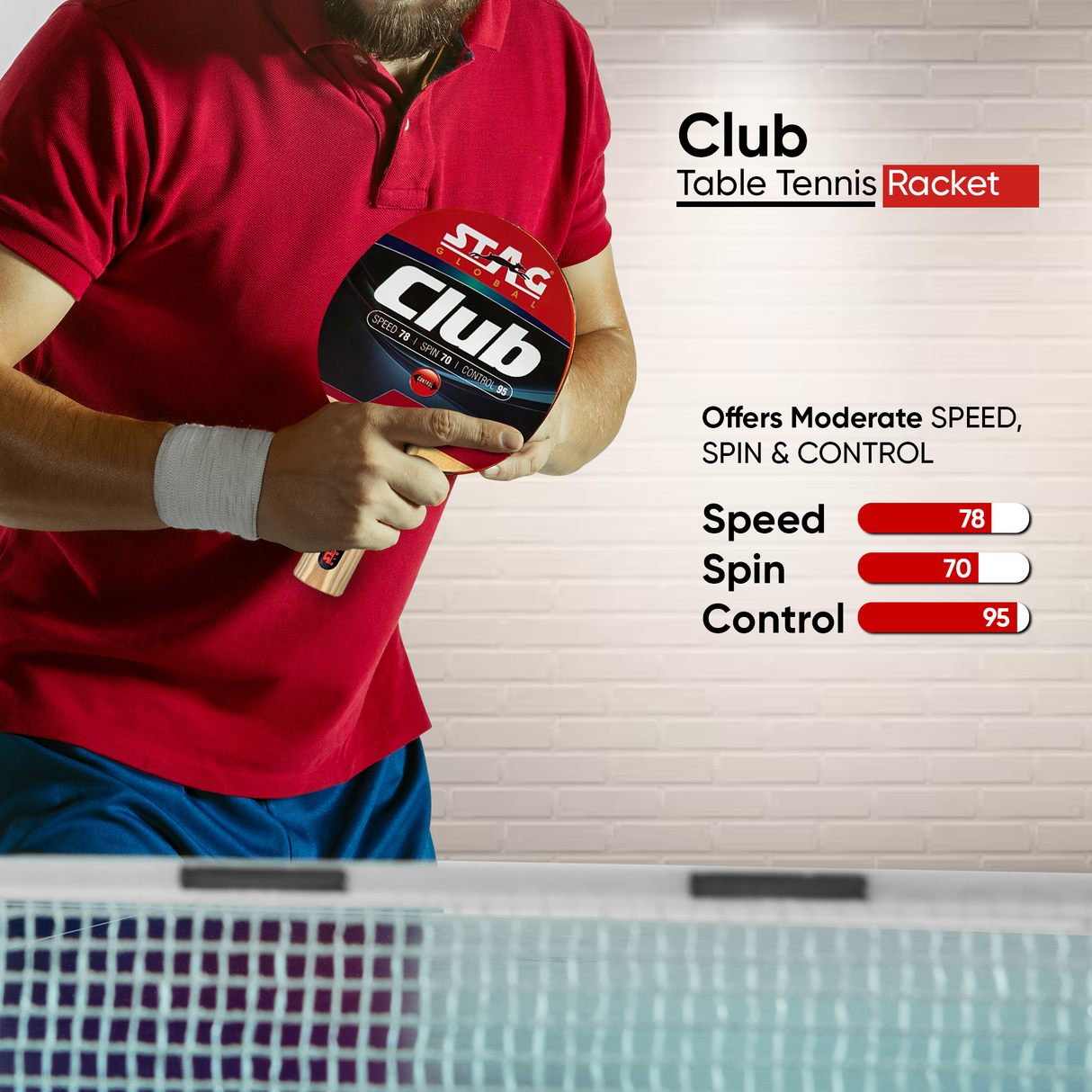 STAG GLOBAL Club Table Tennis Racket | Speed 78 | Spin 70 | Control 95 | Beginner Training Series Ping Pong Racket
