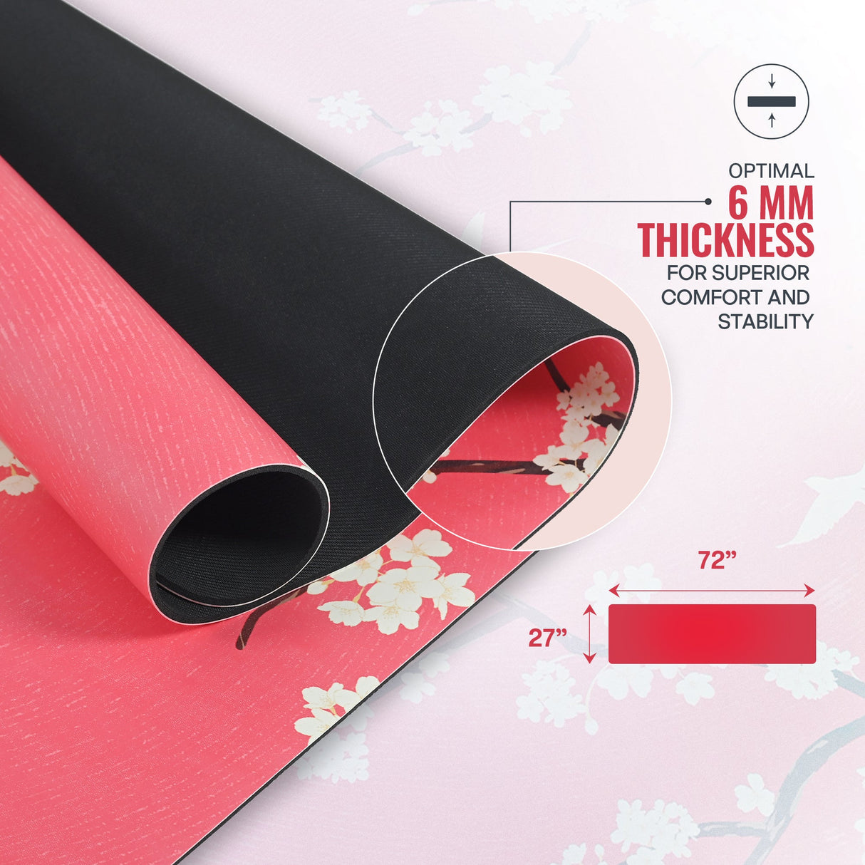 PU Printed & Natural Rubber Yoga Mat - 6mm, Cherry Blossom