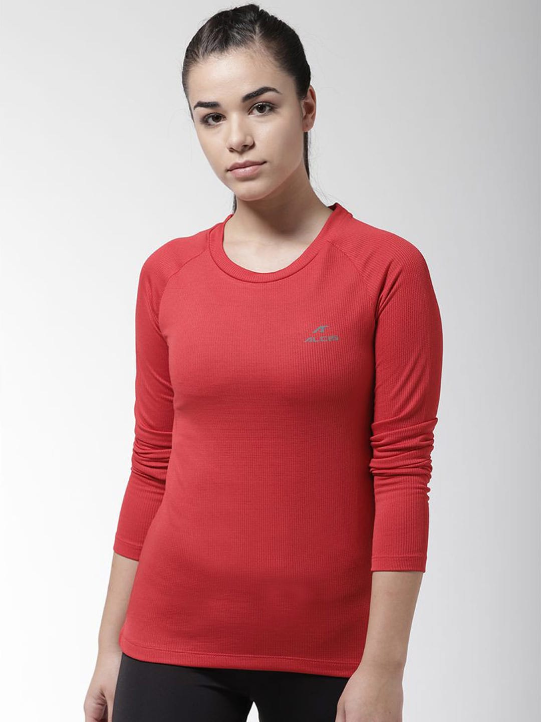 Alcis Women Red Self Design Round Neck T-shirt