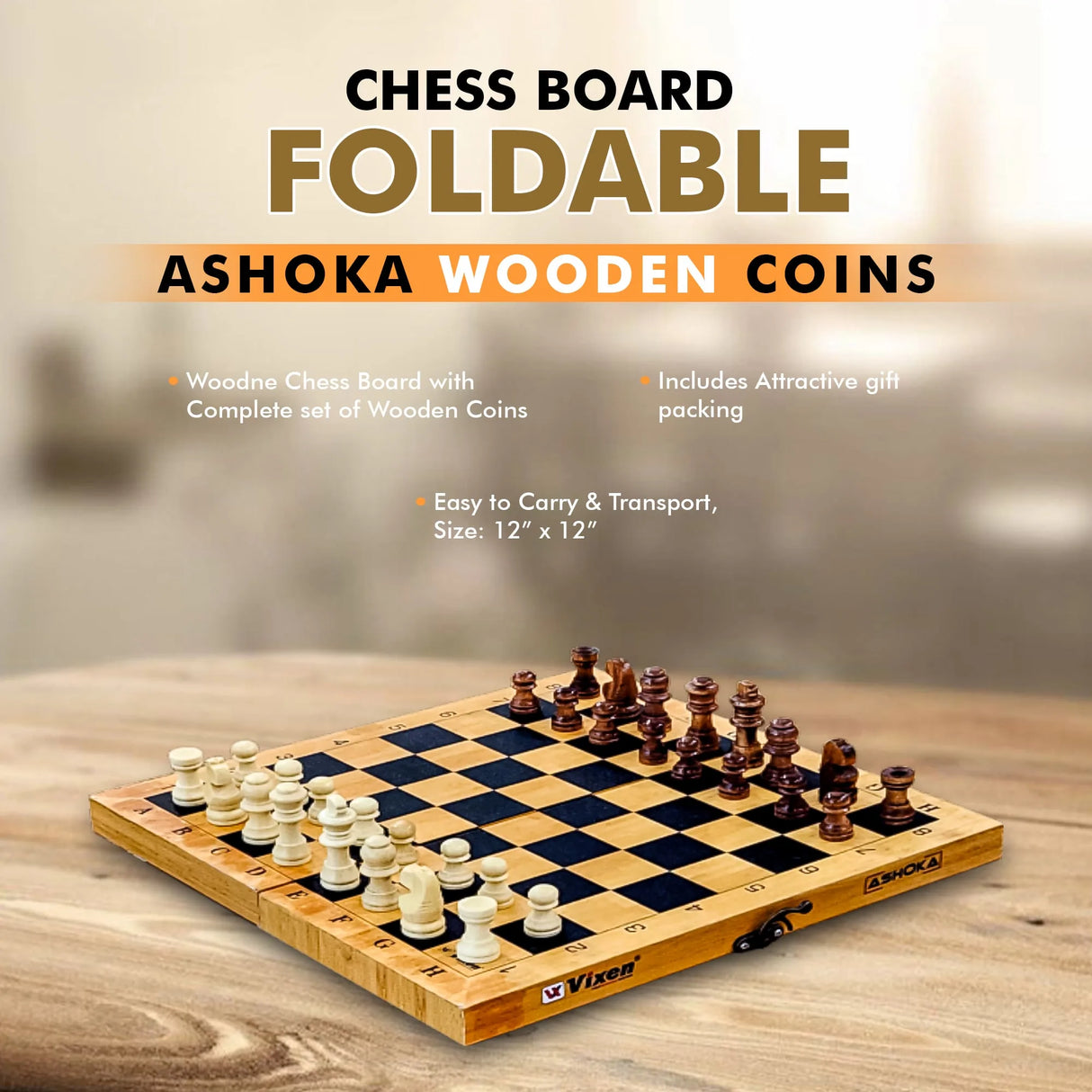 VIXEN CHESS BOARD FOLDABLE ASHOKA WOODEN COINS ASHOKA