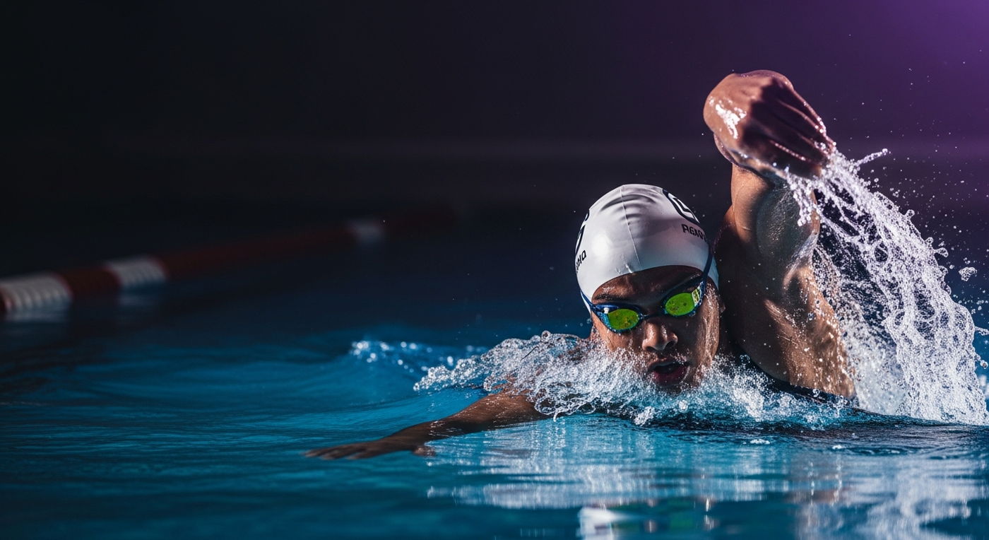 Competitive swimmer racing in a pool wearing KIBI Sports India swimwear.