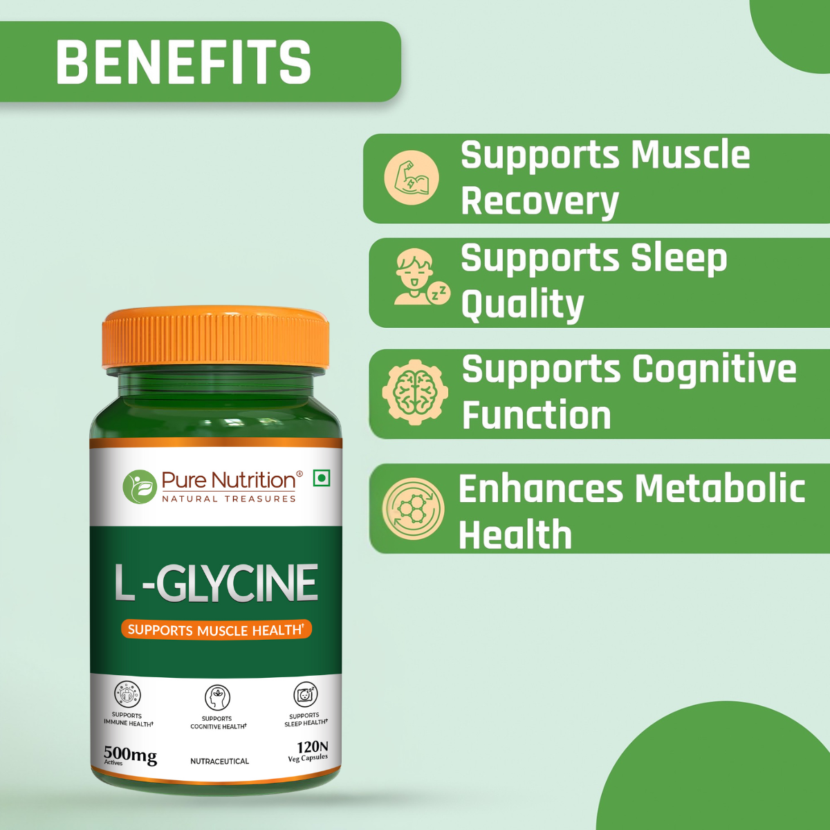 L-Glycine 500mg Veg Capsules Muscle, Cognitive & Sleep Support | 120 Caps