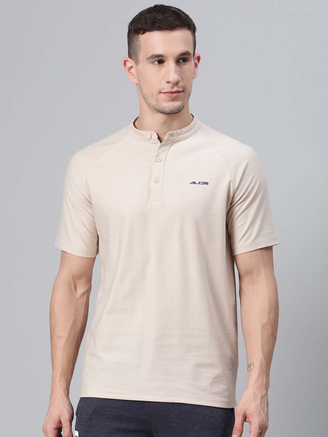 Alcis Men Beige Solid Mandarin Collar Sports T-shirt