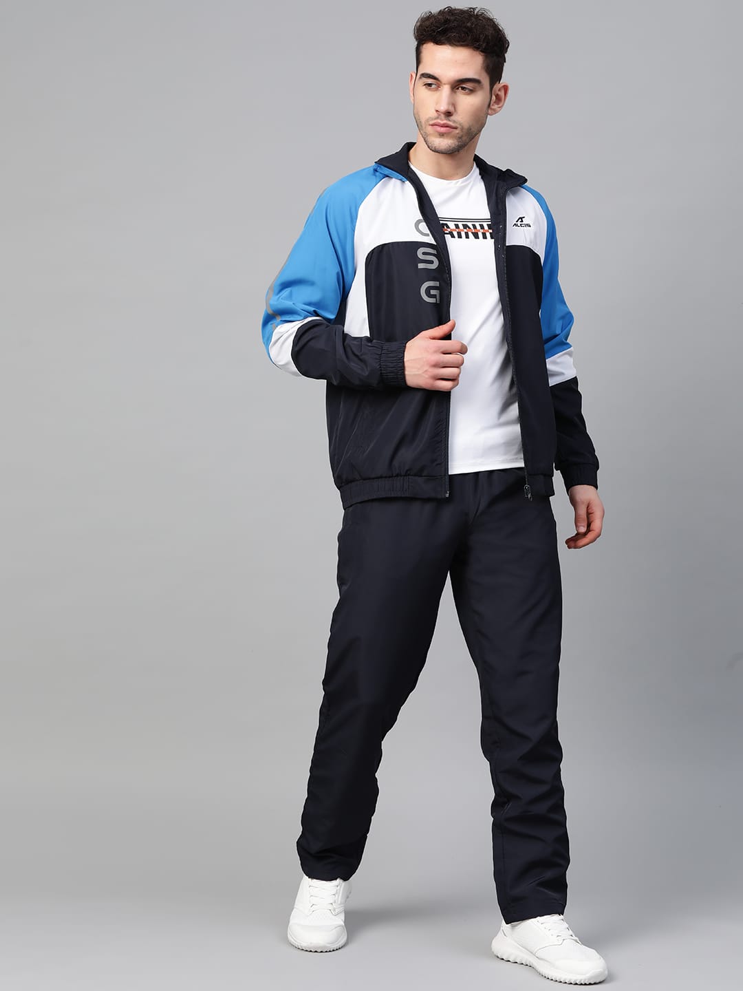 Alcis Men Navy Blue & White Colourblocked Sports Tracksuit with Printed Detail