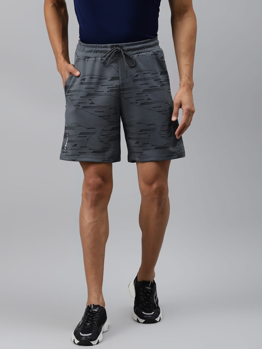 Alcis Men Grey Black Geometric Printed Slim Fit Sports Shorts
