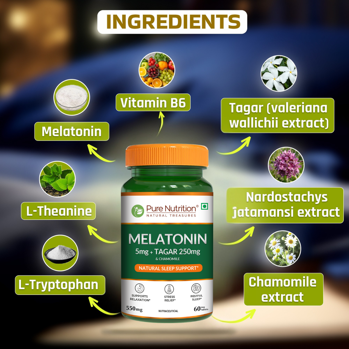 Melatonin with Tagar, Chamomile & L-Theanine Natural Sleep Support Tablets
