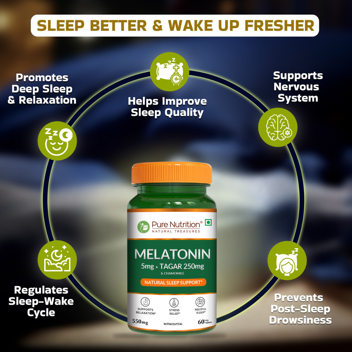 Melatonin with Tagar, Chamomile & L-Theanine Natural Sleep Support Tablets