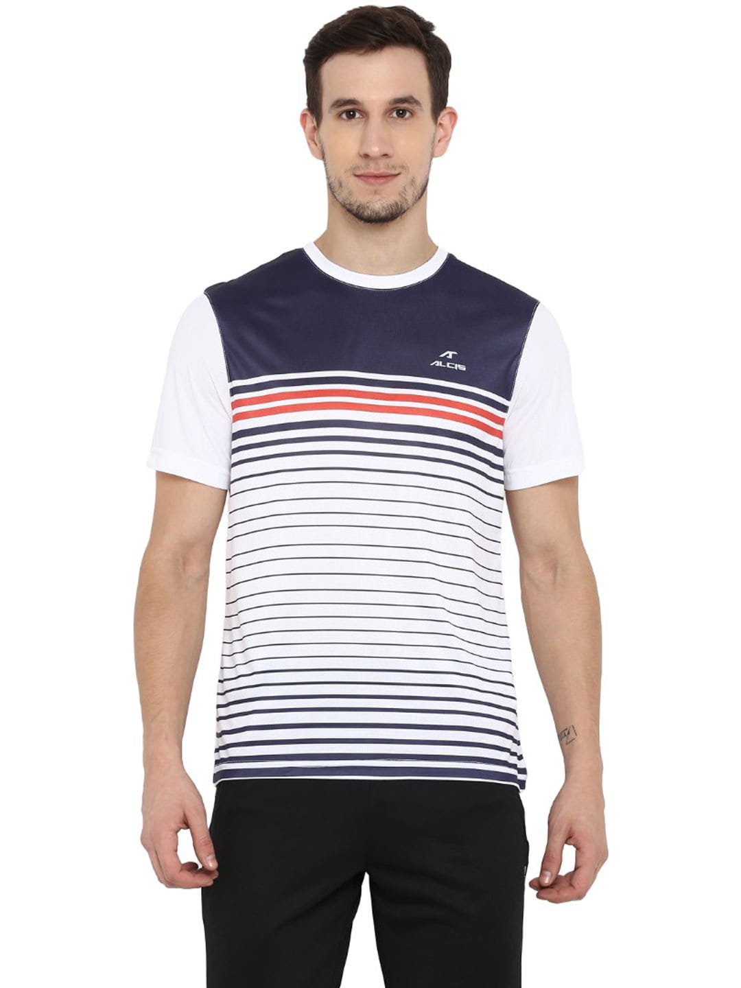 Alcis Men White Blue Striped Round Neck T-shirt