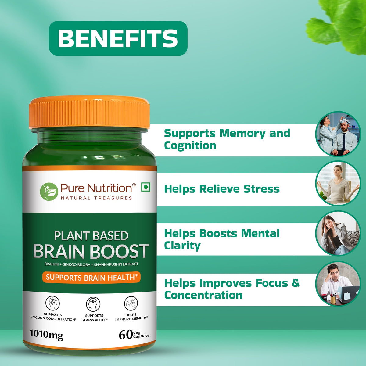 Plant-Based Brain Boost Brahmi, Ginkgo Biloba & Shankhpushpi | Focus & Clarity