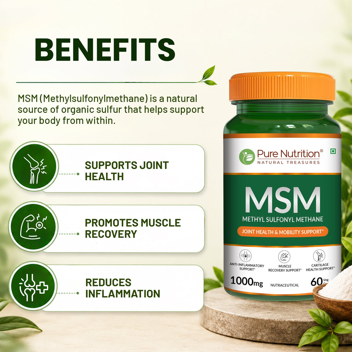 MSM 1000 mg | Methyl Sulfonyl Methane Capsules | Joint & Mobility Support | 60 Tablets