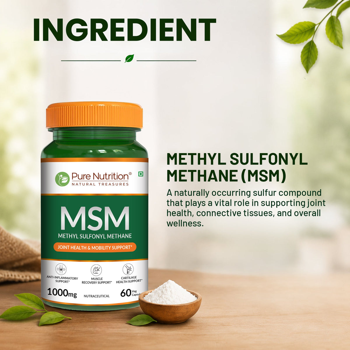 MSM 1000 mg | Methyl Sulfonyl Methane Capsules | Joint & Mobility Support | 60 Tablets