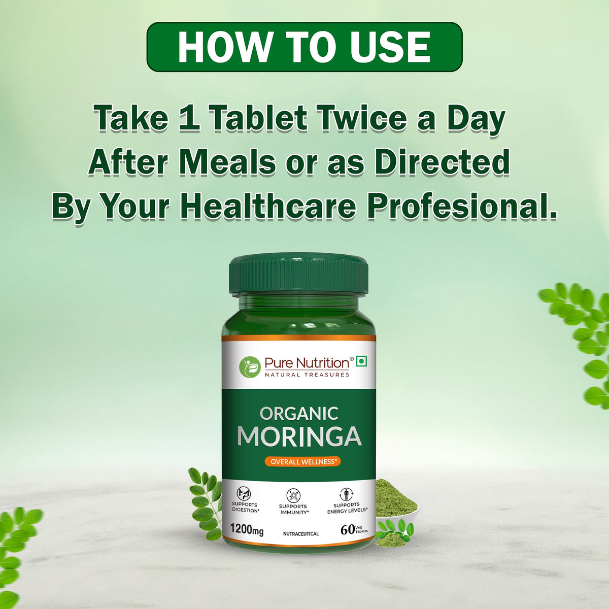 Organic Moringa Tablets 1200mg 60 Count | Immunity & Daily Energy